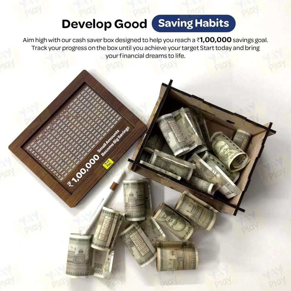 Wooden Money Bank - ₹1 Lakh Savings Challenge Box